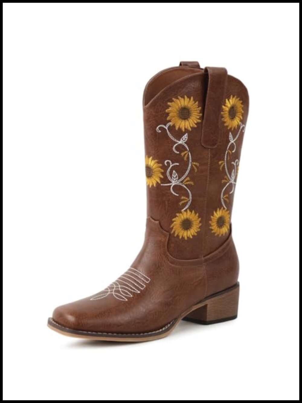 Faux Leather Mid Calf Western Cowboy Boots Square Toe Chunky Heel